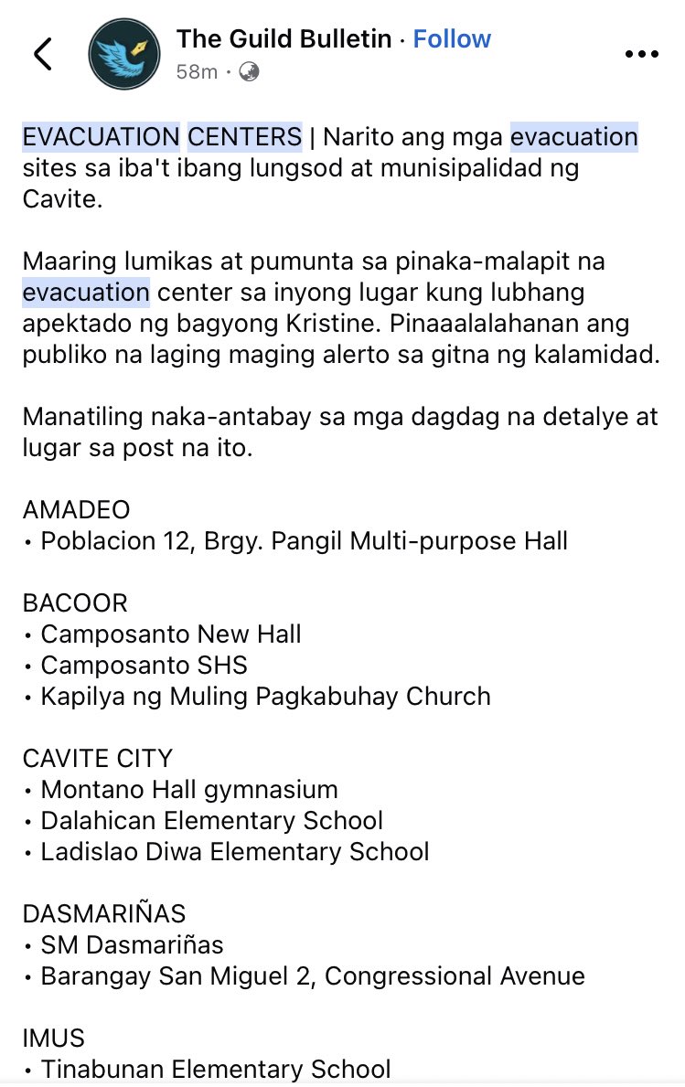 binissante's tweet photo. 🚨 EVACUATION CENTERS IN CAVITE ‼️ #KristinePH https://t.co/aliQfmawtP