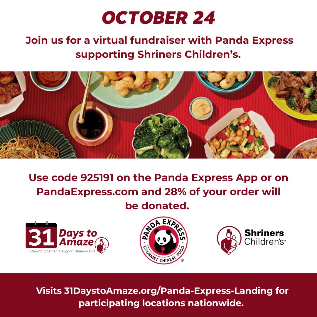 Today! A yummy meal from <a href="/PandaExpress/">Panda Express</a> will go a long way in supporting our specialty pediatric care. 28% of all online or Panda Express App orders using the code 925191 will be donated to Shriners Children’s. Visit ow.ly/xWnF50TMOCc to find the location closest to you.