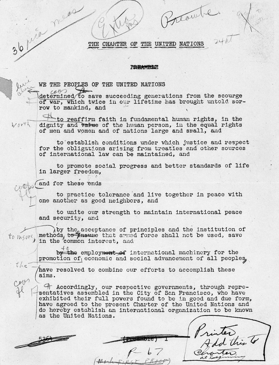 #TBT 

The original manuscript of the United Nations Charter preamble, complete with handwritten notes.

79 years ago, 50 nations gathered in San Francisco to create a new organization for peace, prosperity &amp; human rights. UN Charter entered into force on 24 October 1945.

#UNDay