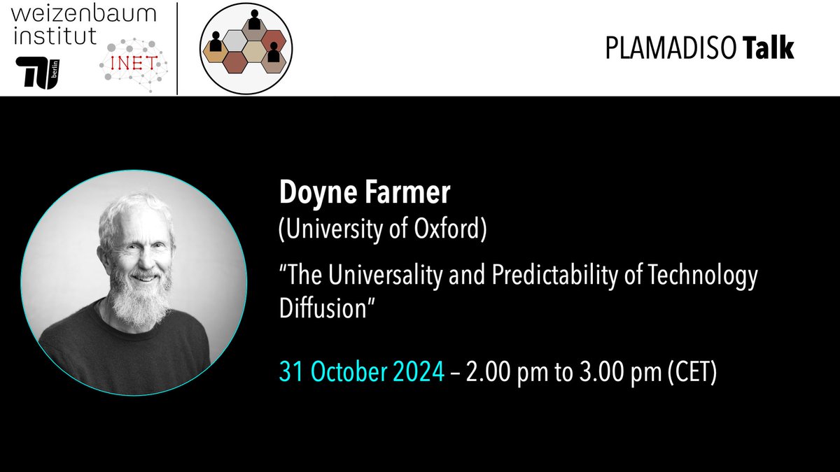 JWI_Digi_Econ's tweet image. 📢🚨 New #PLAMADISO talk alert! 🚀

Doyne Farmer (@doyne_farmer) will talk on “The Universality and Predictability of #TechnologyDiffusion” and its applications to the renewable energy transition.

📅 October 31
⏰ 2:00 PM CET
📍 Online

👉Register here: plamadiso.weizenbaum-institut.de/events/