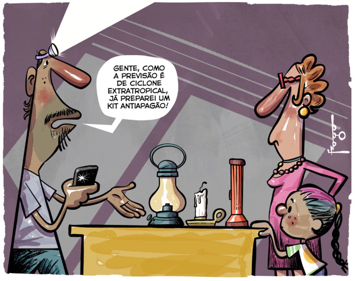 Charge publicada em GZH e Zero Hora.
#charge #desenhodeimprensa #fragadesenhos #ilustracao #desenho #cicloneextratropical #chuvas #intemperies #faltadeluz #apagão #faltadeenergia #ceeegrupoequatorial #previsaodotempo