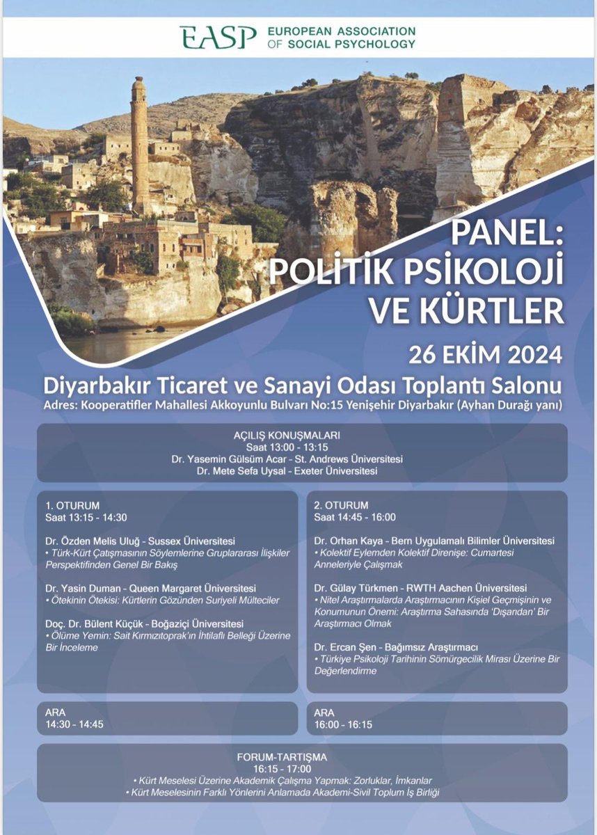 Geçen yıl Palgrave Macmillan yayınlarından çıkan ve editörlüğünü yaptığımız "The Political Pyschology of Kurds in Turkey" başlıklı kitabın birinci yılında yazarlar ve editörler olarak  yapacağımız panel için Diyarbakır’da  bir araya geliyoruz.  26 Ekim 13:00’da DTSO’ya bekliyoruz