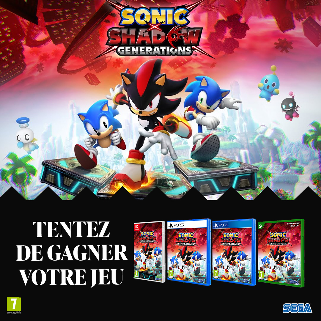 Sonic X Shadow Generations sort demain ! Pour l'occasion, on vous propose un petit jeu concours pour tenter de gagner votre exemplaire ⤵️

🔵🔴 RT, like &amp; follow <a href="/Micromania_Fr/">Micromania-Zing</a>
🔵🔴 Mentionne en réponse un ami avec #MicromaniaSonic

TAS dans 7 jours