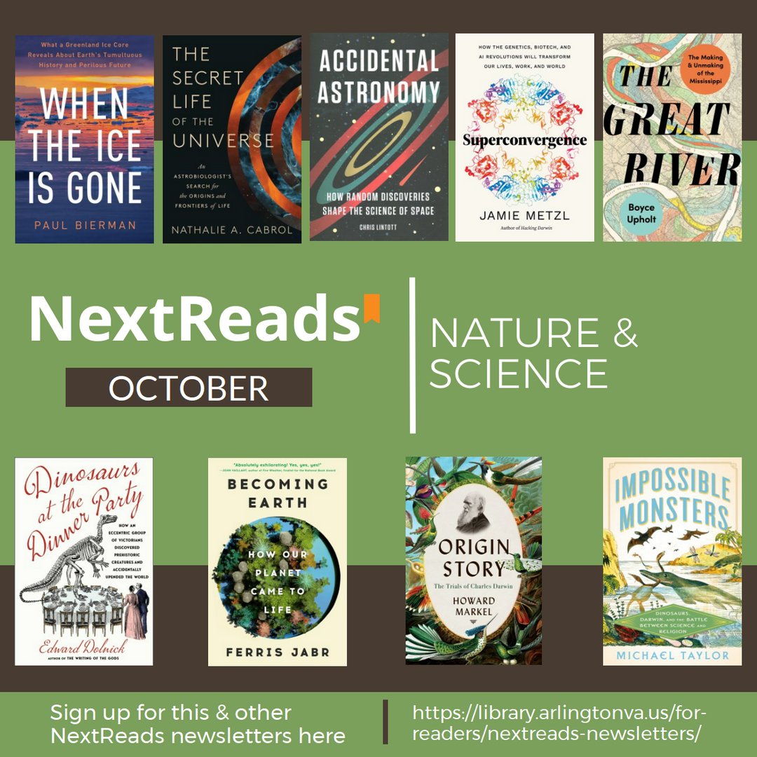 Do you get our NextReads newsletters? 

We send out monthly emails with the latest titles and backlist gems. 

We recently sent out our 💥NEW💥 Nature and Science list. Did you get it? 🌲

Sign up for your favorite genres, topics, and age ranges today! 

library.arlingtonva.us/explore/for-re…