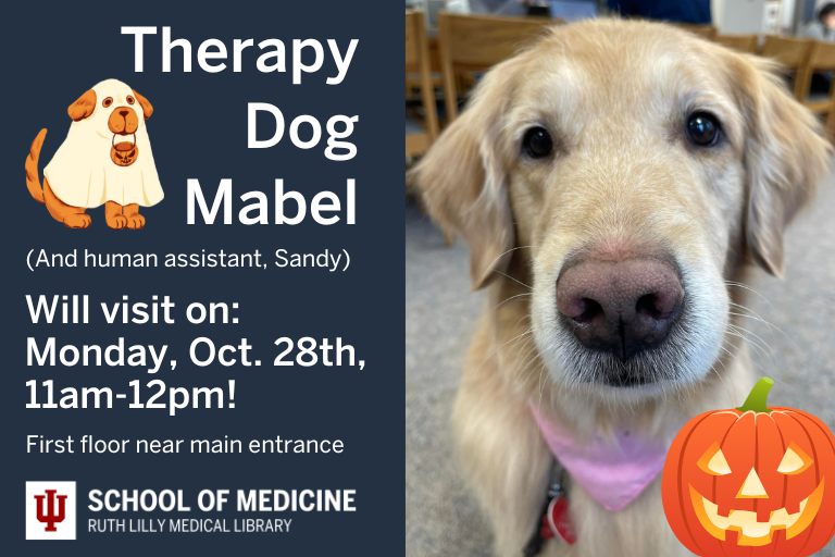 iusmlib's tweet photo. Therapy Dog Mabel and her human assistant, Sandy, will visit the medical library on Monday, Oct. 28th, from 11am-12 noon!  They will be on the library's first floor.  We hope to see you then!  #RLML #IUmedschool https://t.co/avef6NFPES