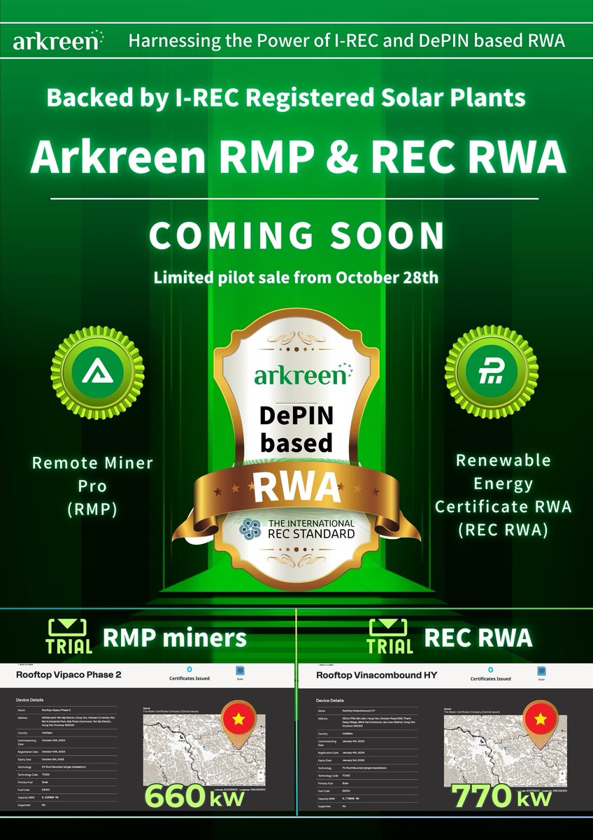 🚀 Pioneering Green Energy with I-REC Solar Plants and DePIN-based RWA!

Coming soon: Arkreen unveils Remote Miner Pro &amp; REC RWA 🌍⚡️, set to transform how communities engage with renewable energy!

🔋 RMP Miner: Powered by I-REC registered commercial solar plants, delivering