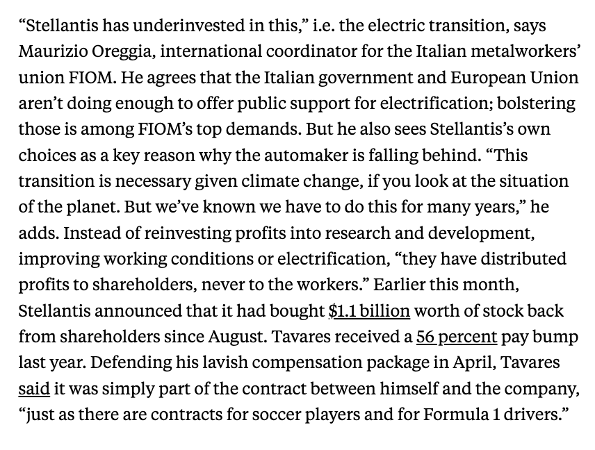 Spent most of last week hearing from autoworkers in the U.S. &amp; EU about their frustrations with Stellantis and the transition to EVs: it's not about climate rules or Chinese "over-capacty" but that CEOs have dropped the ball and governments have let them  newrepublic.com/article/187470…