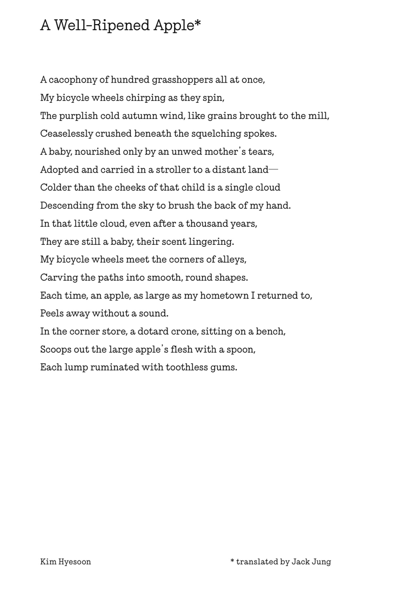 daybreakjung's tweet photo. Honored to share my translation of @PoetKimHyesoon's "A Well-Ripened Apple" for the 7th Changwon Sculpture Biennale, "Silent Apple." From her book "Dear Calendar Factory Manager," (@moonji_books , 2000) where her speculative poetry reaches new heights.

🔗 https://t.co/yocjwOyr3z https://t.co/YzKTpV82LK