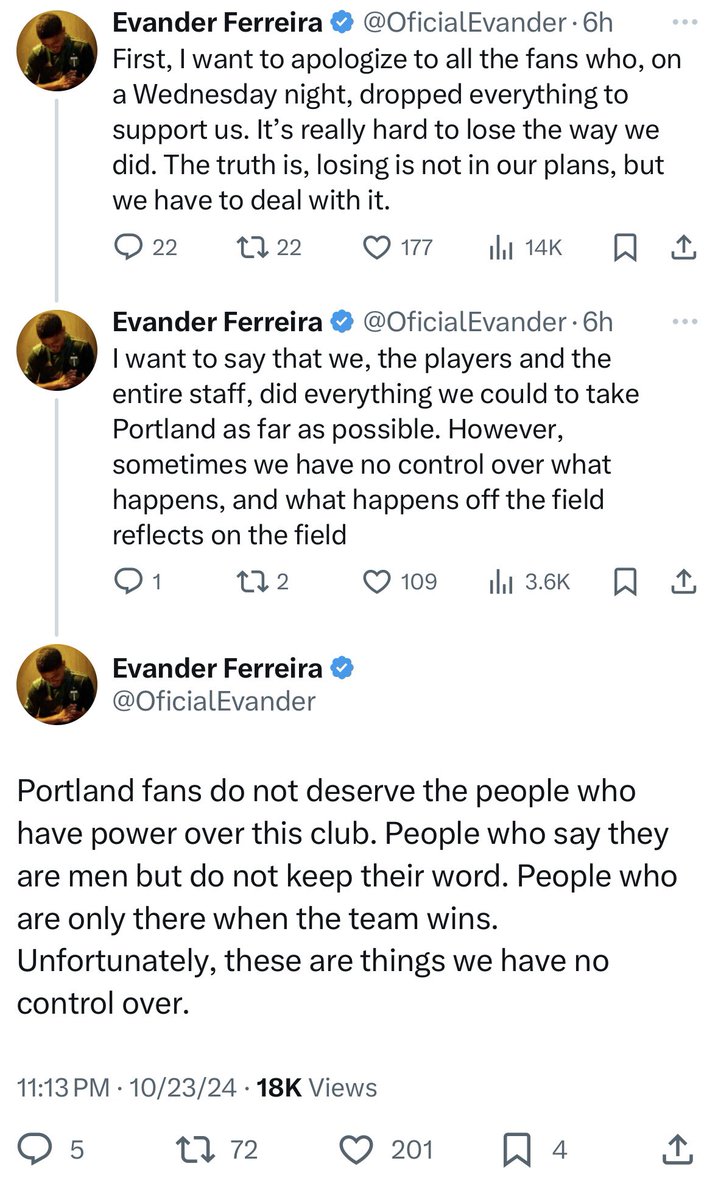 These Tweets from Evander last night are the continuation of a very real pattern of discord between Timbers players and the front office in the last 3 years.

It is not just “the Timbers Army” or “a few whiny people on Twitter.” #RCTID 🧵