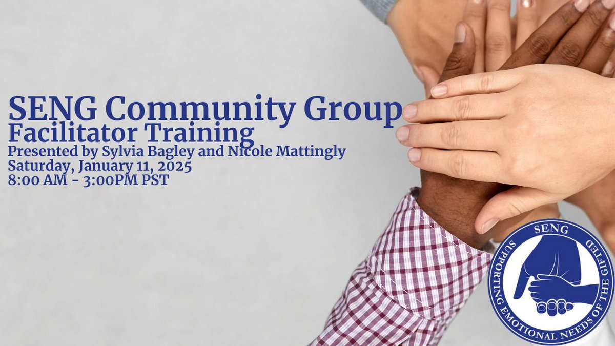 Join us Saturday, January 11th, for a virtual training session to become a certified SENG Community Group (SCG) Facilitator. This training is designed to equip you with the knowledge needed to co-facilitate SCG sessions. Learn more and register here: ow.ly/9evK50TSwsH