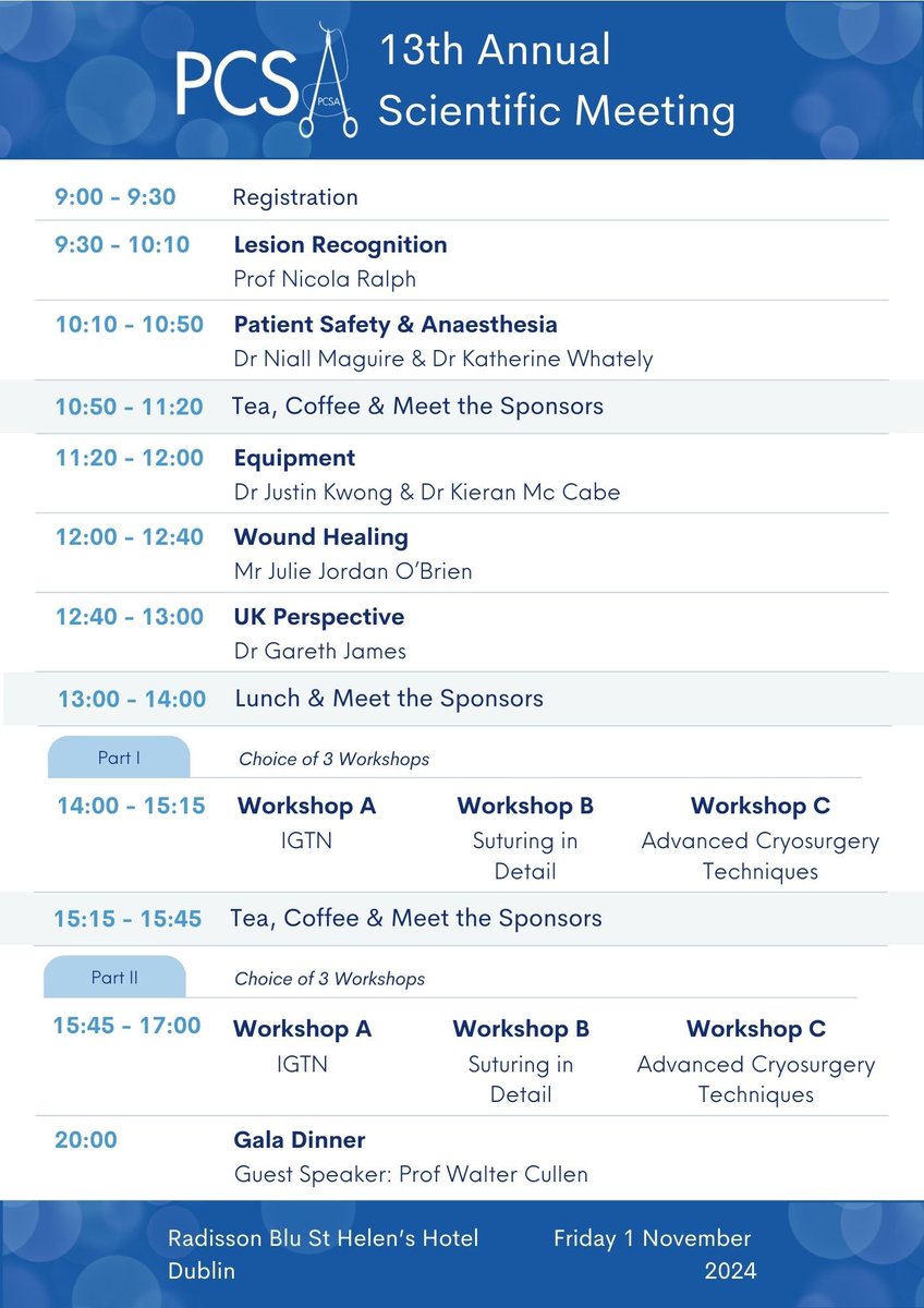 Medcafe1's tweet photo. 🚨 The 13th Annual Scientific Meeting of the @iePCSA 👨🏻‍⚕️ 🪡  💉 

📆Friday 1st &amp; Saturday 2nd November 

🗺️Radisson Blue St Helen’s Hotel, Dublin 

See the incredible agenda👇🏻

Lesions ✅
Wounds ✅
Cysts✅
Anaesthesia✅
Suturing ✅ 
Cryo ✅
Vasectomy✅

 🎫 https://t.co/i0Z7DYcZjd https://t.co/REvPxNrPa1