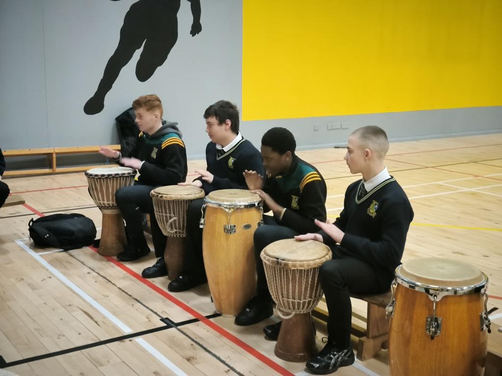 BeneavinCollege's tweet photo. Arts Week continues with a drumming workshop for 5th years. The students unlocking their musical talents while also enjoying learning a new instrument. New members for the school band in the making... https://t.co/igNIyFkSbq