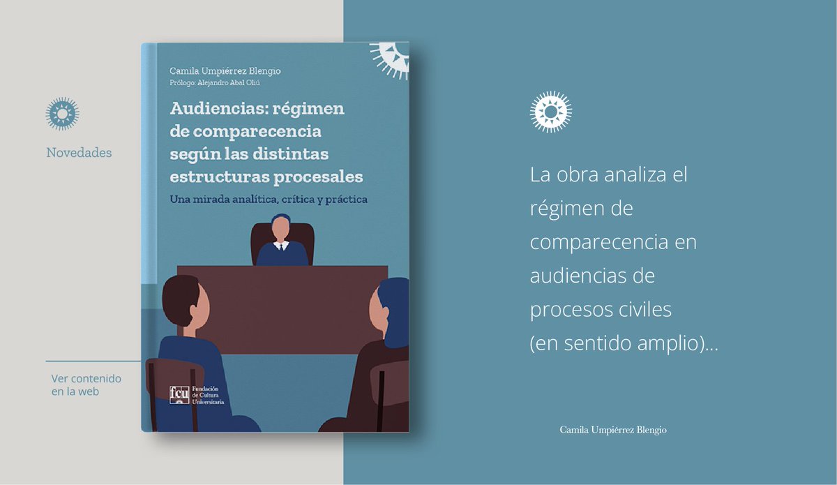 FCUniversitaria's tweet photo. ¡Novedad!

Audiencias: régimen de comparecencia según las
distintas estructuras procesales
Camila Umpiérrez Blengio

¡Ya disponible!📚

¡Encontralo en nuestra web https://t.co/BbDaDyYTWs! 🌐
Y en nuestras librerías:

🏙 Ciudad Vieja
🏛 Hall Udelar
🏢 CENUR Salto

@CUmpierrezBleng https://t.co/7IRTVe8qUr