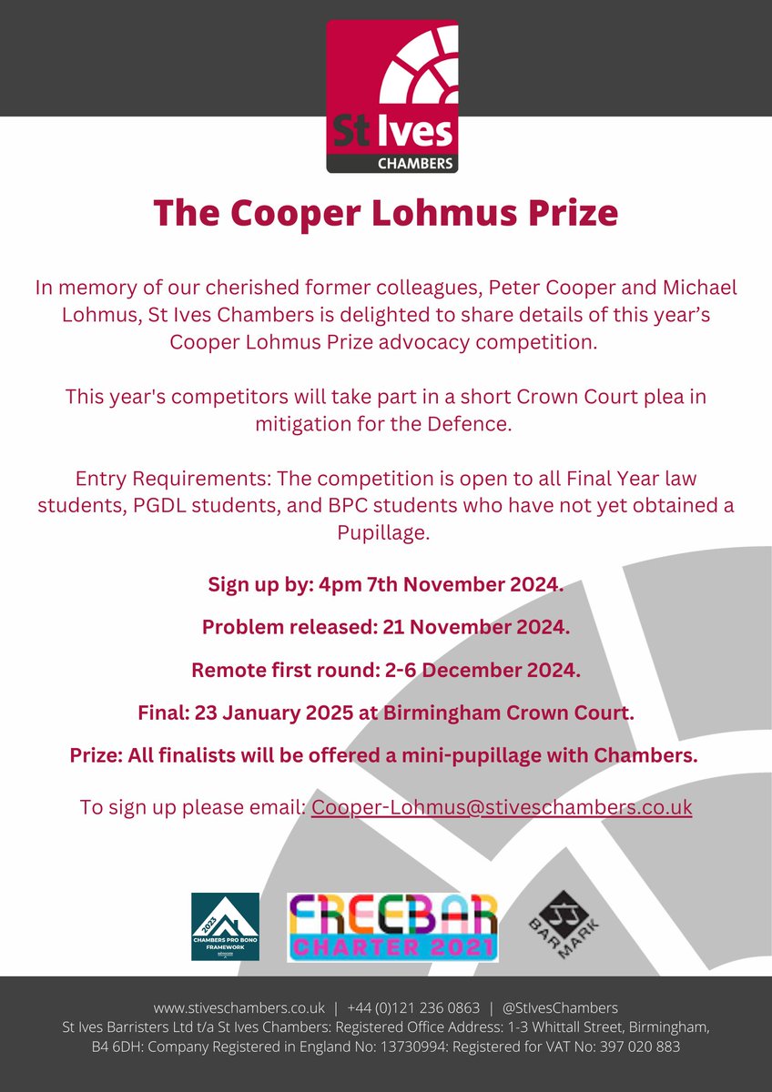 St Ives Chambers (@stiveschambers) on Twitter photo St Ives Chambers is delighted to share the details of this year's Cooper Lohmus Prize advocacy competition.
Please circulate to anyone interested.
Sign up by 7 November 2024 by emailing Cooper-Lohmus@stiveschambers.co.uk
For more details please visit our website. St Ives Chambers is delighted to share the details of this year's Cooper Lohmus Prize advocacy competition.
Please circulate to anyone interested.
Sign up by 7 November 2024 by emailing Cooper-Lohmus@stiveschambers.co.uk
For more details please visit our website.
