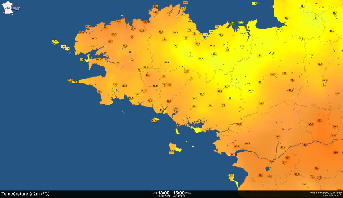 #Douceur 🌡️☀️ " C'est bon pour le moral ! " 
On relève (°C) : 
🔸 21,8 à Plestin-les-Grèves
🔸 21,0 à Nantes
🔸 20,8 à Plouguerneau
🔸 20,7 à St-Nazaire
🔸 20,7 à Plounéventer
🔸 19,9 à Perros-Guirec
🔸 19,9 à Brest
🔸 19,7 à Hennebont
🔸 19,7 à Noyal-sur-Vilaine
🔸 19,2 à Groix
