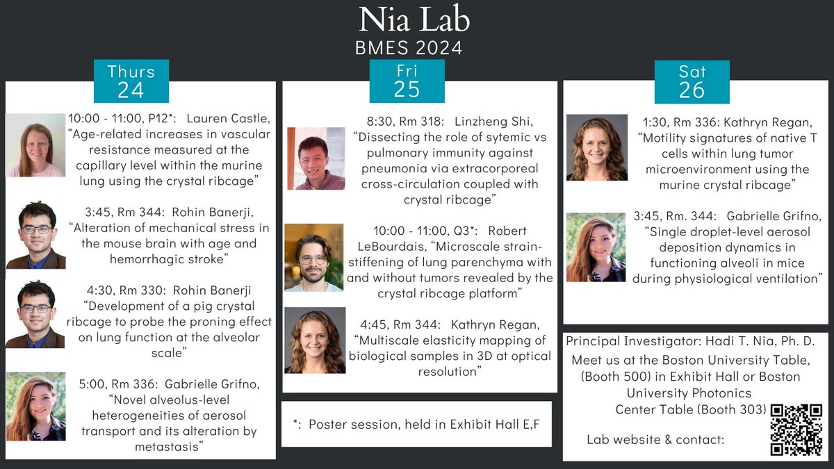 Don't miss the diverse set of presentations by Nia Lab members on crystal ribcage, lung metastasis, pneumonia, mosaic pattern, and even mechanical forces in brain: <a href="/BostonU_BME/">Boston University Biomedical Engineering</a>