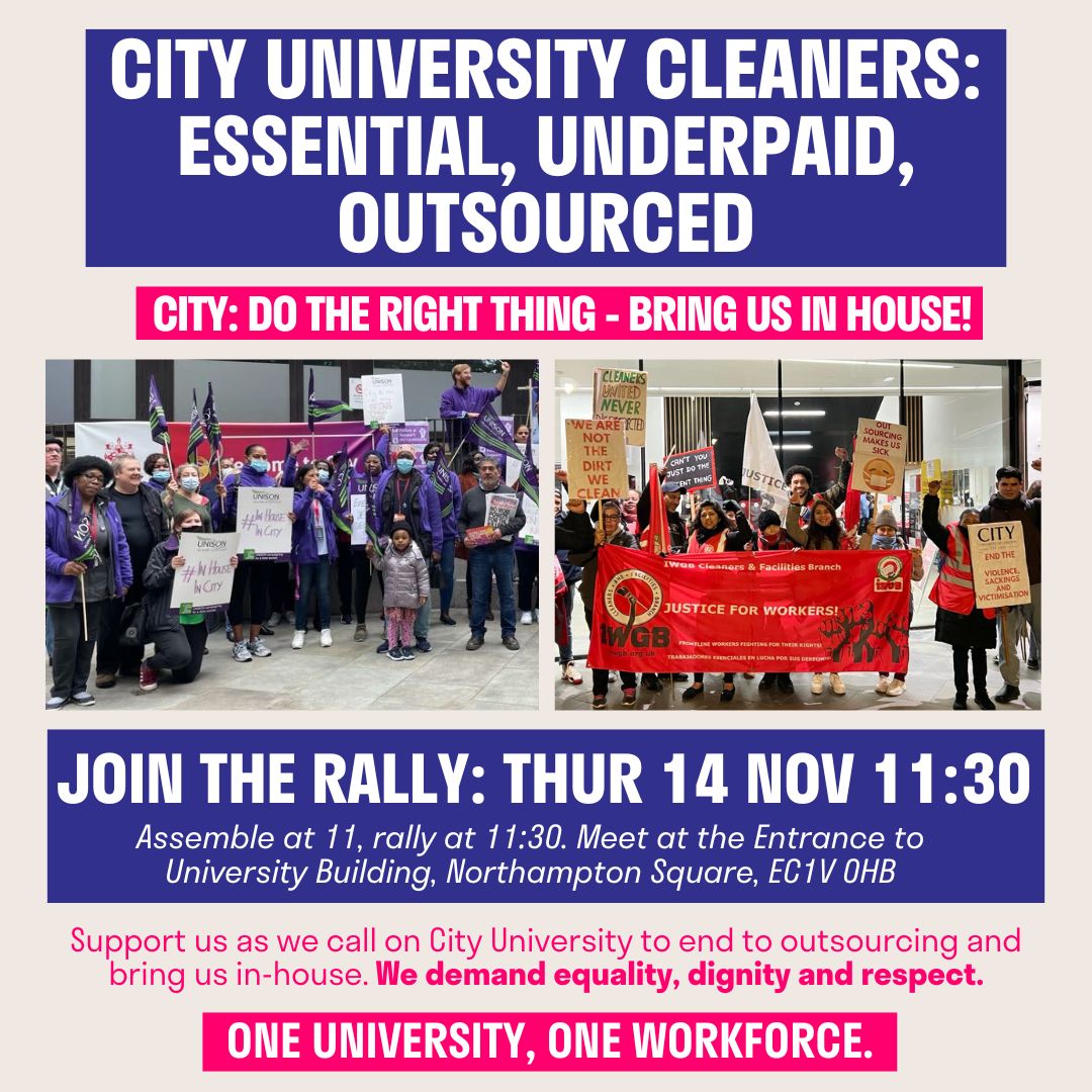 Join us on 14 November to demand an end to outsourcing at <a href="/CityUniLondon/">Anna</a> and for cleaning staff to be brought in house!

Assemble at 11am, with rally to start at 11:30am. 

One university, one workforce ✊

#inhouseincity #justiceforcleaners  #endoutsourcing #equalitynow