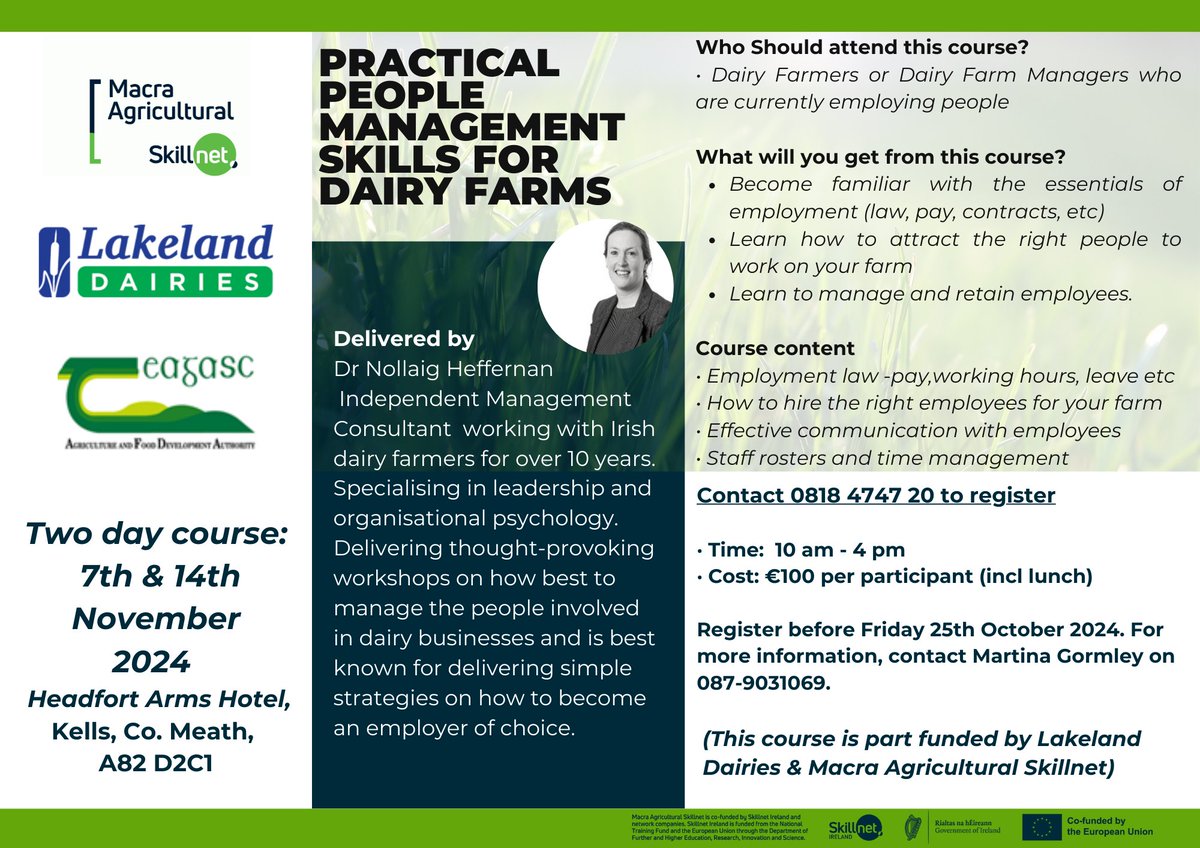 Teagasc is working with <a href="/MacraSkillnet/">MacraSkillnet</a> and <a href="/LakelandDairies/">Lakeland Dairies</a> to provide a two day People Management Course for farmers taking place on 7th &amp; 14th November in the Headfort Arms Hotel, Kells, Co. Meath. 
Find out more here bit.ly/3UmwI0m <a href="/DairiesJp/">Lakeland Dairies Farm Programmes</a>