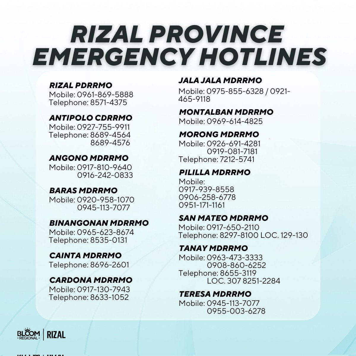 therniecox's tweet photo. Walang susuko. Walang mapapagod. pa help RT... RIZAL HOTLINE NUMBERS/EVACUATION CENTERS

#KristinePH https://t.co/uC2gsnW9gy