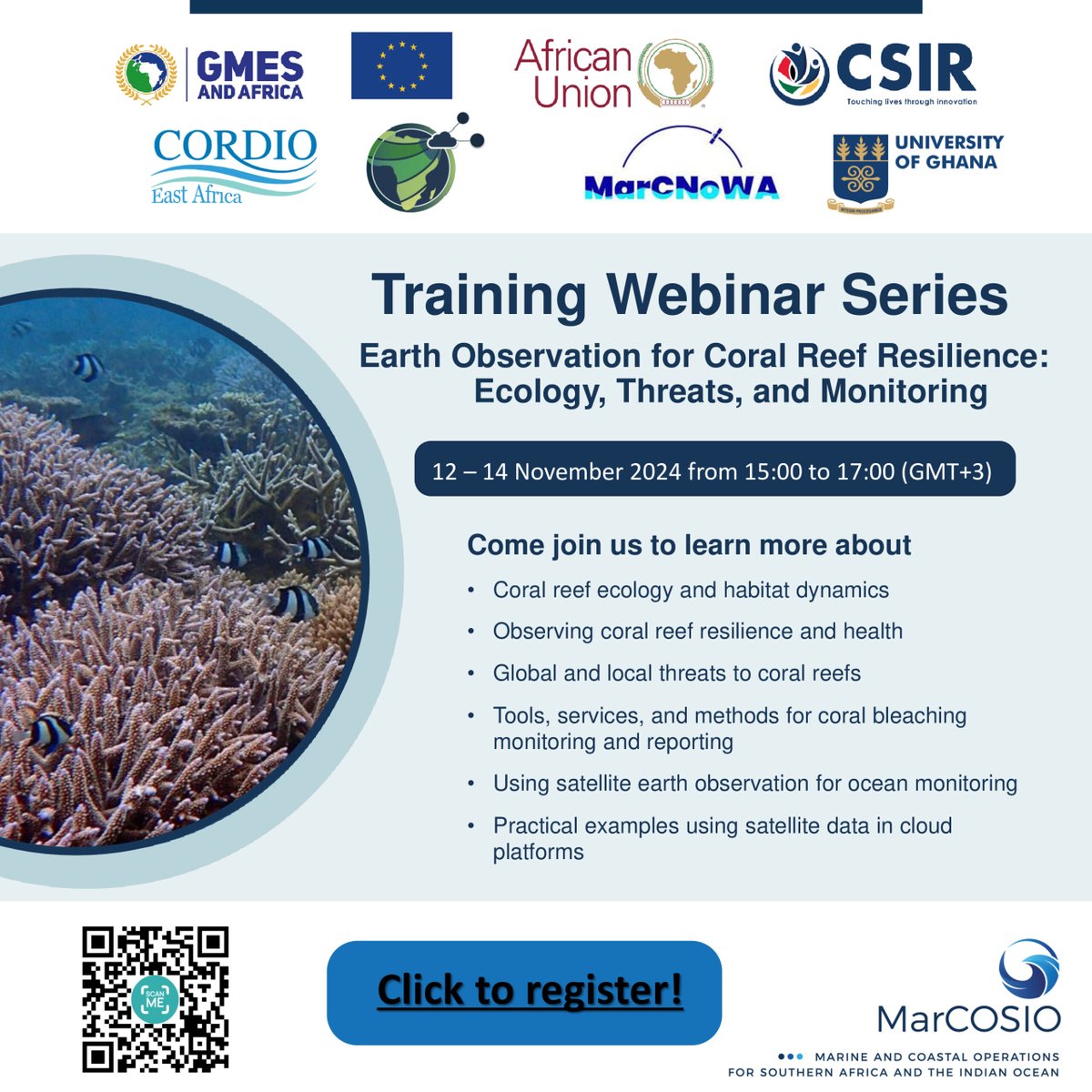 GMES&Africa MARCOSIO (@africagmes) on Twitter photo The MarCNOWA & MarCOSIO Consortium is excited to announce a training webinar Series on Earth Observation for Coral reef Resilience
Follow the link for more information and registration: opportunities.spaceinafrica.com/webinar-earth-…
<a href="/cordioea/">CORDIO East Africa</a>
<a href="/GMESAfrica/">GMES, and Africa</a>
#GMESServices
<a href="/EU_Commission/">European Commission</a>
<a href="/ug_gmes/">Regional Marine Centre #uggmes #ugrmc</a> The MarCNOWA & MarCOSIO Consortium is excited to announce a training webinar Series on Earth Observation for Coral reef Resilience
Follow the link for more information and registration: opportunities.spaceinafrica.com/webinar-earth-…
<a href="/cordioea/">CORDIO East Africa</a>
<a href="/GMESAfrica/">GMES, and Africa</a>
#GMESServices
<a href="/EU_Commission/">European Commission</a>
<a href="/ug_gmes/">Regional Marine Centre #uggmes #ugrmc</a>