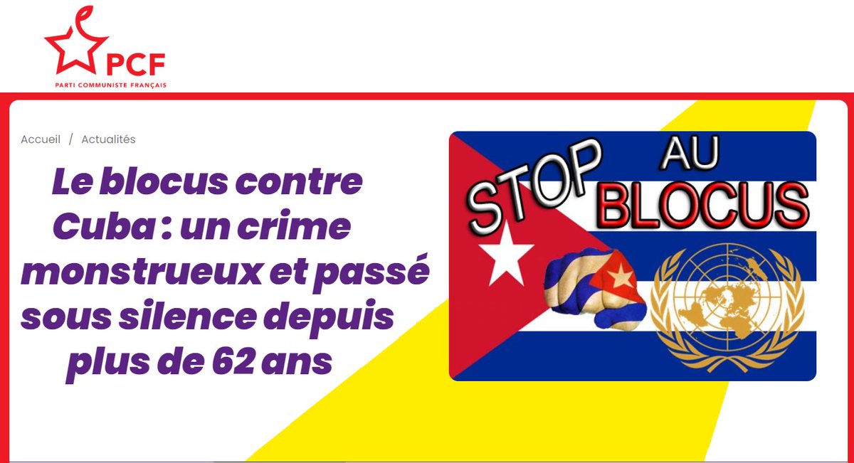 🚩<a href="/PCF/">PCF</a>🇫🇷| Le #blocus VS #Cuba🇨🇺: un crime monstrueux et passé sous silence depuis +62 ans

L’objectif du blocus est simple:mettre à bas la Révolution socialiste🇨🇺

Le blocus touche aujourd’hui aux services essentiels du peuple 🇨🇺

✍️Par Charlotte Balavoine pcf.fr/blocus_cuba_cr…