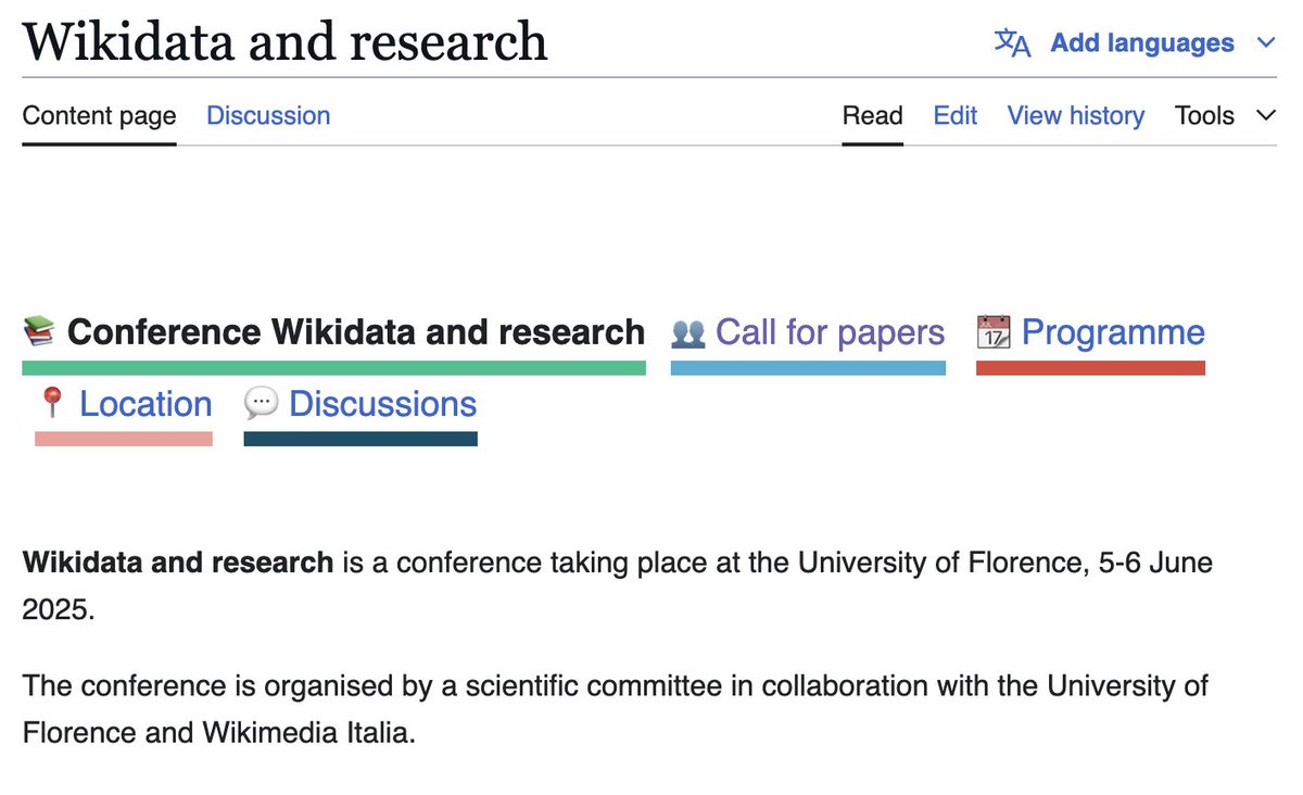 Check out the call for papers for the "@Wikidata and Research" Conference! It will be held at the University of Florence in Italy on  June 5-6, 2025.

You can submit your papers until December 9, 2024: 
meta.wikimedia.org/wiki/Wikidata_…

<a href="/Monica_Berti/">Monica_Berti @monicab@toot.io</a> <a href="/theiapsswalker/">Luca Martinelli [Sannita]</a>
