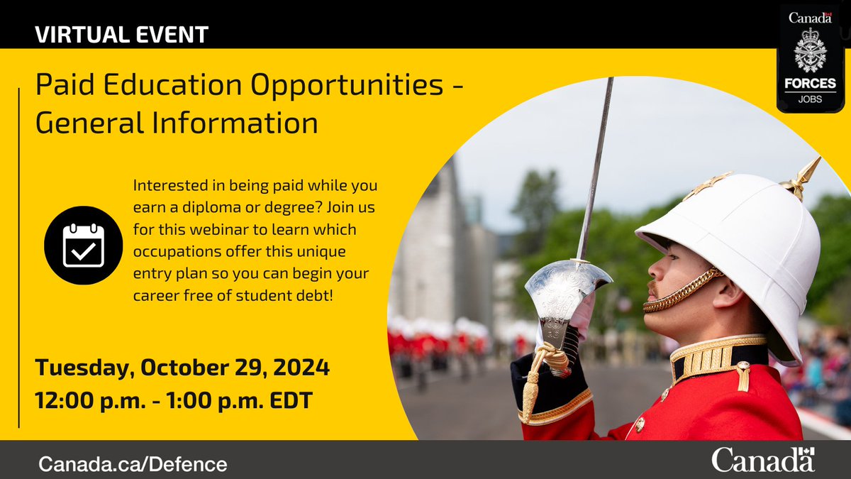 Do you want to learn how the Canadian Armed Forces can help you get a diploma or degree 🎓? Join us for a virtual info session about our paid education programs and find out if you qualify. Register now: forces.ca/en/events/#/de…