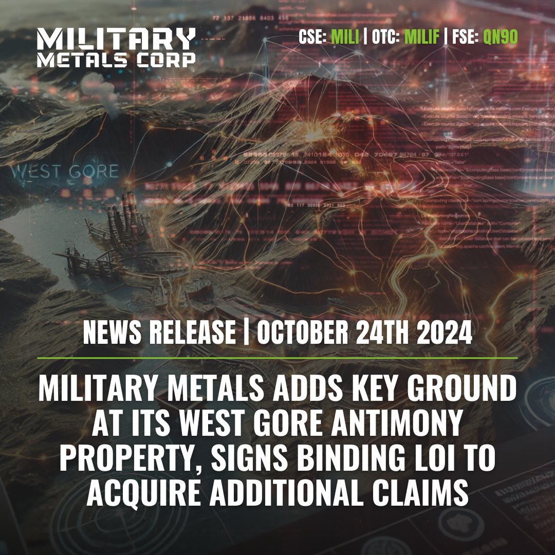 Military Metals Adds Key Ground at Its West Gore Antimony Property, Signs Binding LOI to Acquire Additional Claims.

🔗 Full News Release: bit.ly/4ff5z7R

( 🇨🇦 $MILI.CN | 🇺🇸 $MILIF | 🇩🇪 QN90)

#MilitaryMetals #Mining #Antimony #Gold #NovaScotia
