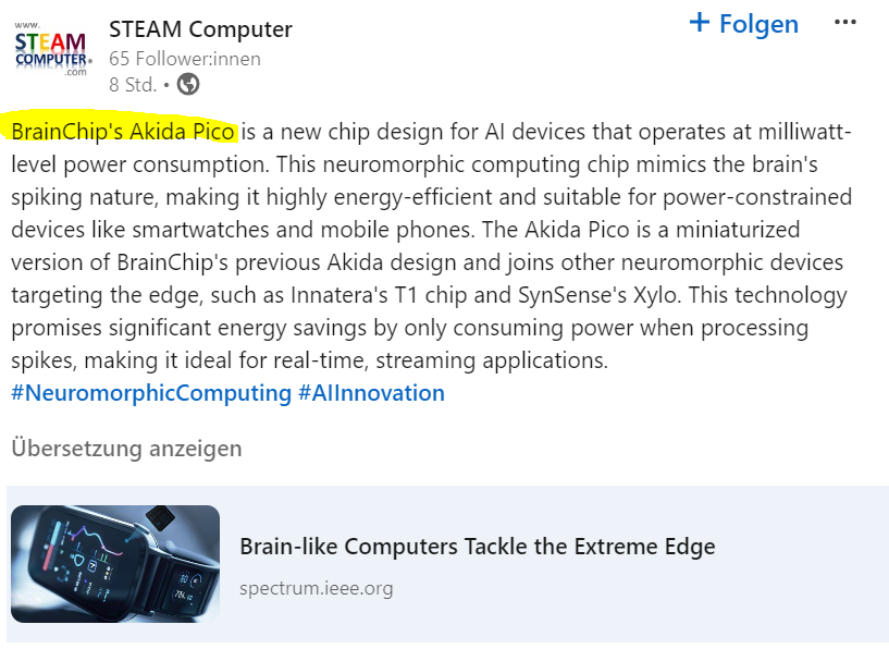 MIAM_Schwan's tweet photo. "Brain-like Computers Tackle the Extreme Edge!" 🚀
https://t.co/pKEKJlyyyl
@BrainChip_inc #BRN #Akida #Pico #AkidaPico #AI #edge #neuromorphic #SNN #LLM #wearables #extremeedge
https://t.co/M7dMrvKh1D https://t.co/vY5cjJdl9x