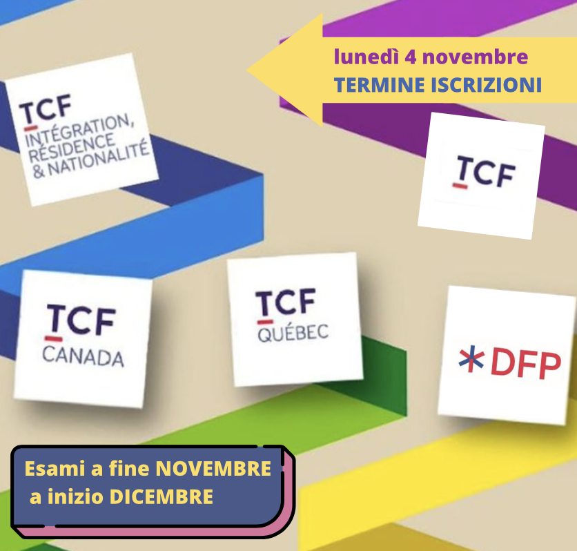 ISCRIVITI ai prossimi esami 👉 hai tempo fino a lunedì 4 novembre:
🟠 TCF QUEBEC (esame il 04/12)
🟡 TCF CANADA (esame il 26/11)
🟢 TCF Tout Public (esame il 03/12)
🟣TCF IRN (esame il 02/12)
🔵 DFP (esame il 27/11)
✍️ Per info esami@alliancefrto.it 011 1971 65 65