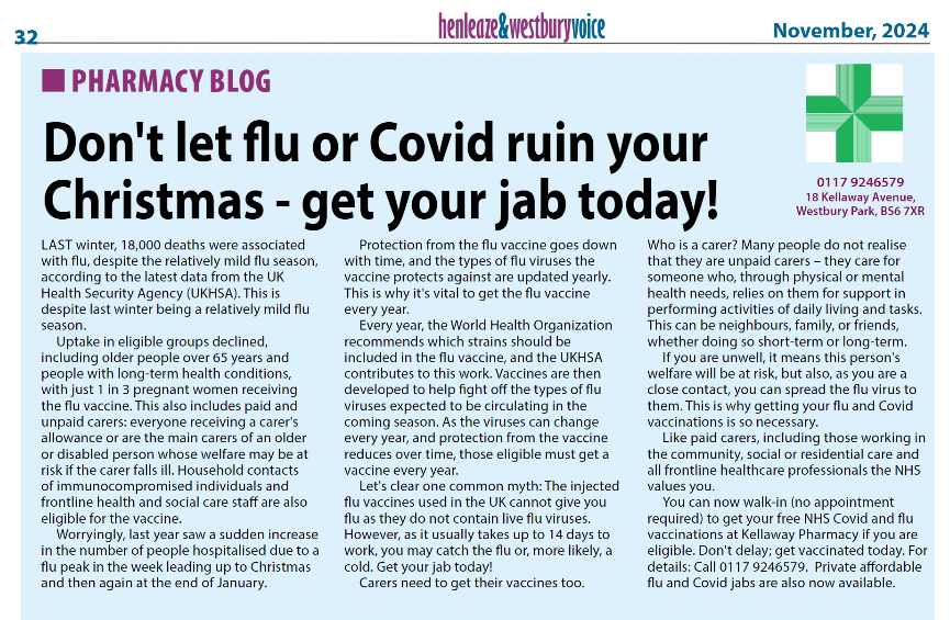 KellawayPharm's tweet photo. Our pharmacist writes in this month's @henandwestvoice about the importance of getting your flu and booster jabs this autumn - pop in for yours without an appointment! https://t.co/NzbjB65cKq
