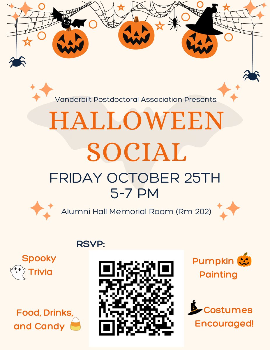 Don’t miss the <a href="/VandyPostdoc/">VanderbiltPostdoctoralAssociation</a>'s Halloween Social TOMORROW on Friday, October 25, at 5 p.m. in Alumni Hall Memorial Room, 202! 🎃👻 Join us for pumpkin painting, spooky trivia, food, and more! Costumes encouraged! 

🔗 RSVP while there's still space: events.vanderbilt.edu/provost/event/…