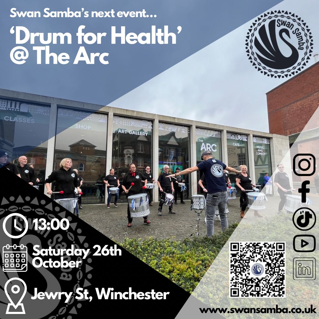 FREE EVENT! Join Swan Samba on Saturday 26 October 2024 for a 'Drum For Health' celebration at The Arc, Winchester. 

⚠️🔊Please note- expect loud noises in the library- if you are joining the workshop then ear defenders or ear plugs are recommended due to high volume levels🔊⚠️