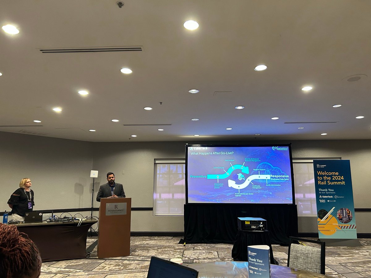 CyberTechOnline's tweet photo. "Railroads, GIS and the Cloud," explored how cloud-based #GIS is transforming #railOperations, #safety, and infrastructure management. The session highlighted how GIS is set to transform the future of #railTransportation, improving operations and infrastructure management. https://t.co/Vfp37Y7P9C