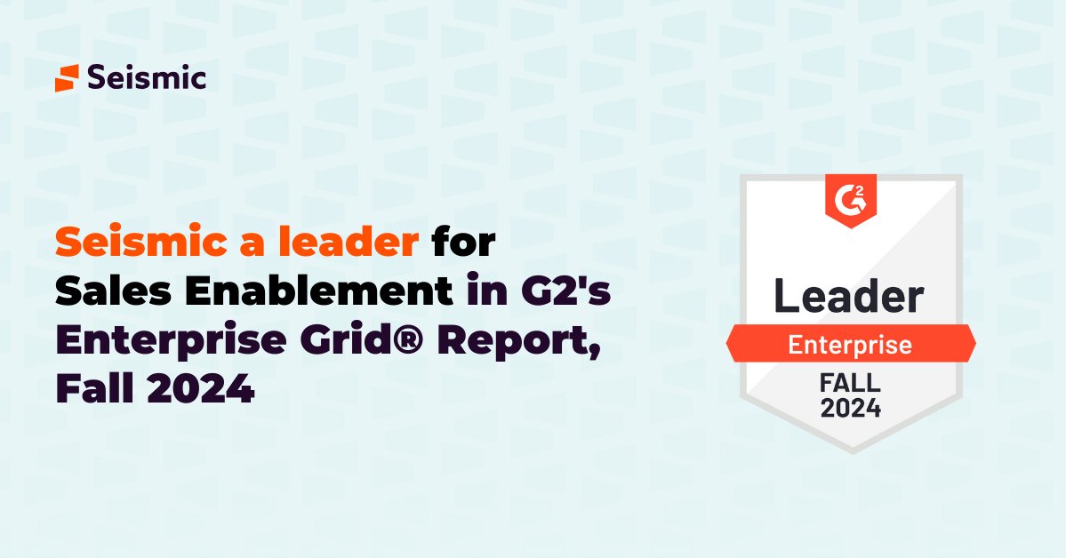 pdwhelloworld's tweet image. Seismic has been named a leader in the Fall 2024 #G2 Enterprise Grid® for #SalesEnablement Software! 

The best part? These rankings are based on real reviews from real people.

Read the full report, here: visit.seismic.com/3NrIt1M

#Seismic #LeaderAgain
