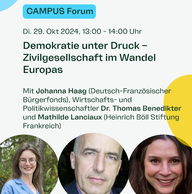 Wie wirkt sich das Erstarken rechtspopulistischer Parteien auf die 🇪🇺 #Zivilgesellschaft aus? Was sind positive Gegeninitiativen?
💬Darüber diskutieren <a href="/cestjohanna/">Johanna Haag</a>, Mathilde Lanciaux (@boell_fr_it) &amp; Thomas Benedikter am Di, 29. Oktober, 13 Uhr.
Anmelden: skala-campus.org/event/zivilges…
