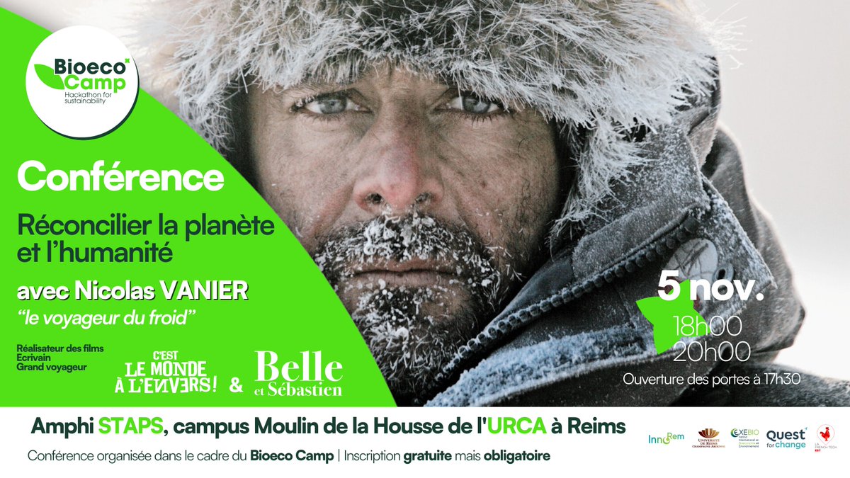 L'<a href="/universitereims/">Université de Reims Champagne-Ardenne</a> organise le 5 novembre à 18h une conférence intitulée "Réconcilier la planète et l'Humanité" présentée par Nicolas Vanier, explorateur, écrivain et réalisateur, qui aura lieu sur le Campus Moulin de la Housse (Amphi STAPS). =&gt; Infos bit.ly/3BYgCDZ