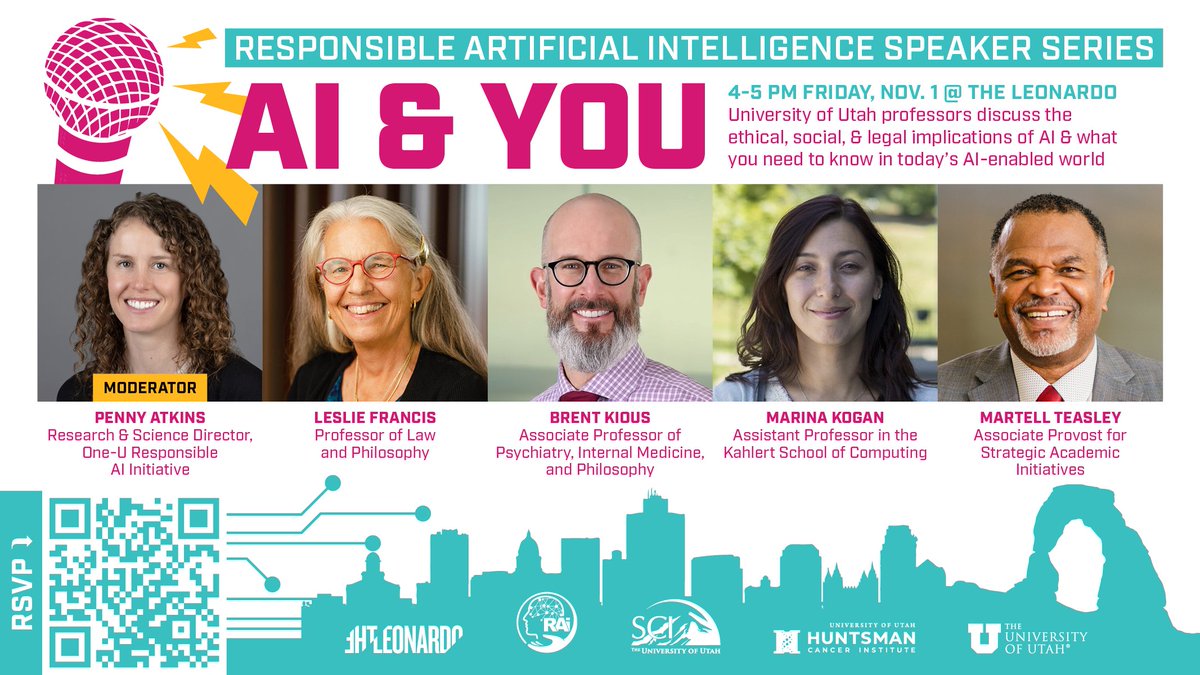One-U Responsible AI Initiative (@oneu_rai) on Twitter photo 🫵 AI & YOU: Join us at <a href="/the_leonardo/">The Leonardo</a> 4 pm next Friday, Nov. 1, to hear <a href="/UUtah/">University of Utah</a> professors discuss the ethical, social, and legal implications of AI and what you need to know in today's AI-enabled world. RSVP to attend for free: lu.ma/9olx8syl. 🫵 AI & YOU: Join us at <a href="/the_leonardo/">The Leonardo</a> 4 pm next Friday, Nov. 1, to hear <a href="/UUtah/">University of Utah</a> professors discuss the ethical, social, and legal implications of AI and what you need to know in today's AI-enabled world. RSVP to attend for free: lu.ma/9olx8syl.