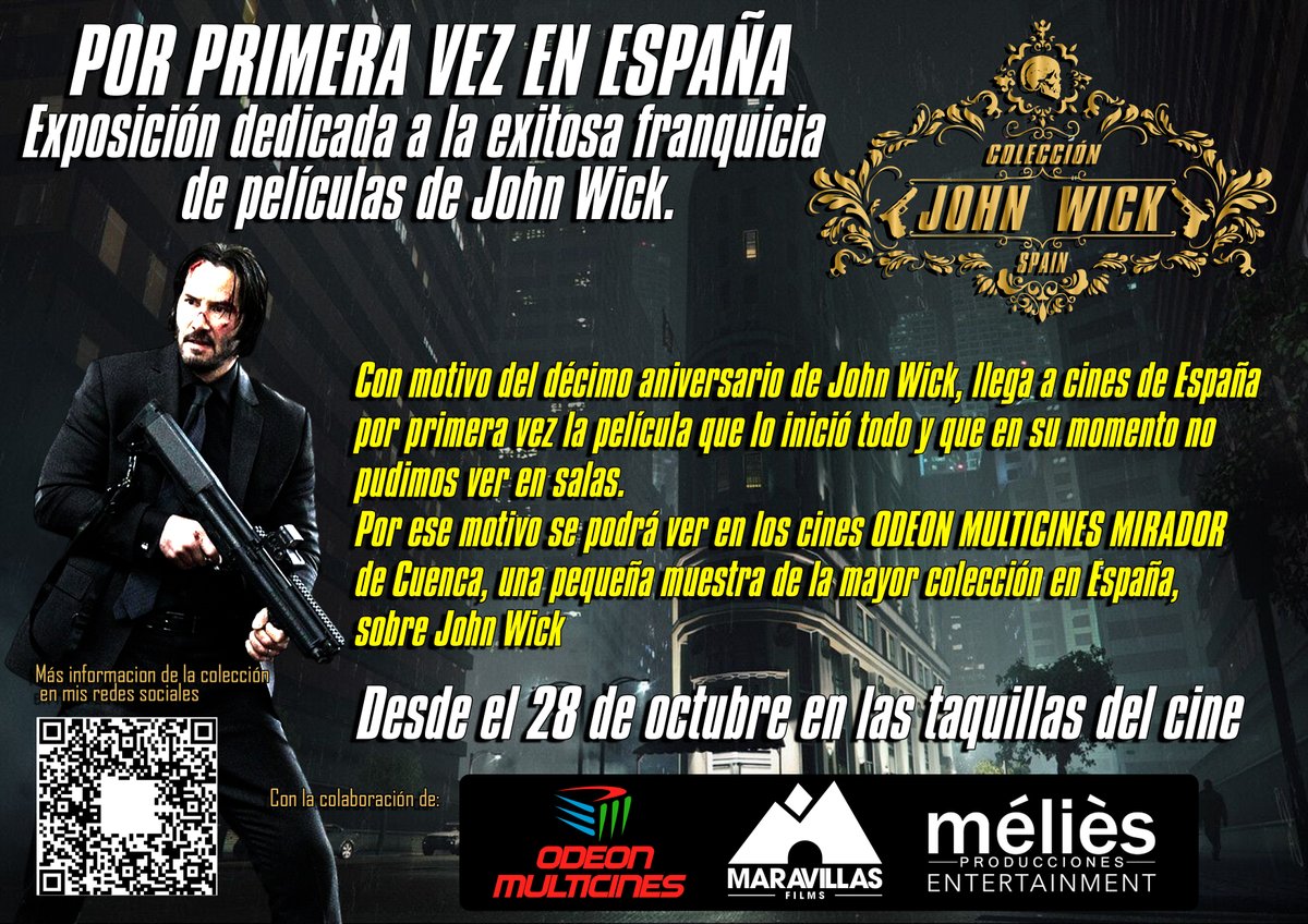 ColeccJohnWick's tweet photo. Ya puedo contaros algo que me hace mucha ilusión
El lunes 28 montaré una pequeña muestra de mi colección en los @OdeonMulticines del @CCMiradorcuenca 
Desde las taquillas podreis ver una selección de objetos para celebrar el aniversario de #JohnWick 
@maravillasfilms @meliespro https://t.co/DXaF5zLJrm