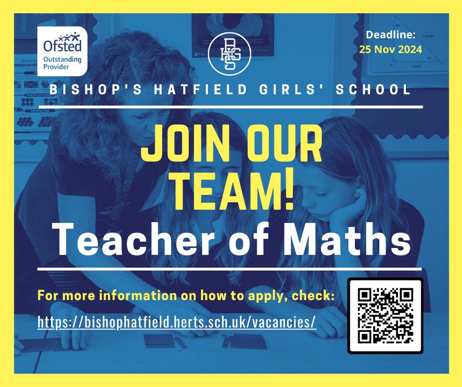 Are you a well qualified Maths Teacher? Are you enthusiastic &amp; imaginative? Why not join our Outstanding school?! To find out more &amp; to apply by 25th Nov, visit: bishophatfield.herts.sch.uk/vacancies/ #mathsteacher #mathsteacherjobs #vacancies #jobsineducation #TeachingJobs #teaching