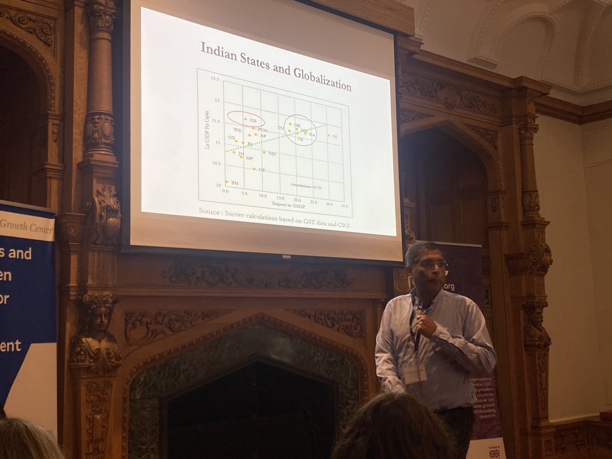 YaleEGC's tweet image. In #FirmsTradeDev keynote, @arvindsubraman uses India to examine puzzles in trade &amp;amp; growth:

Kerala&apos;s economic transformation took place w/o structural transformation (up arrow in ag prod, manufacturing or services) – largely through labor mobility in context of #globalization.