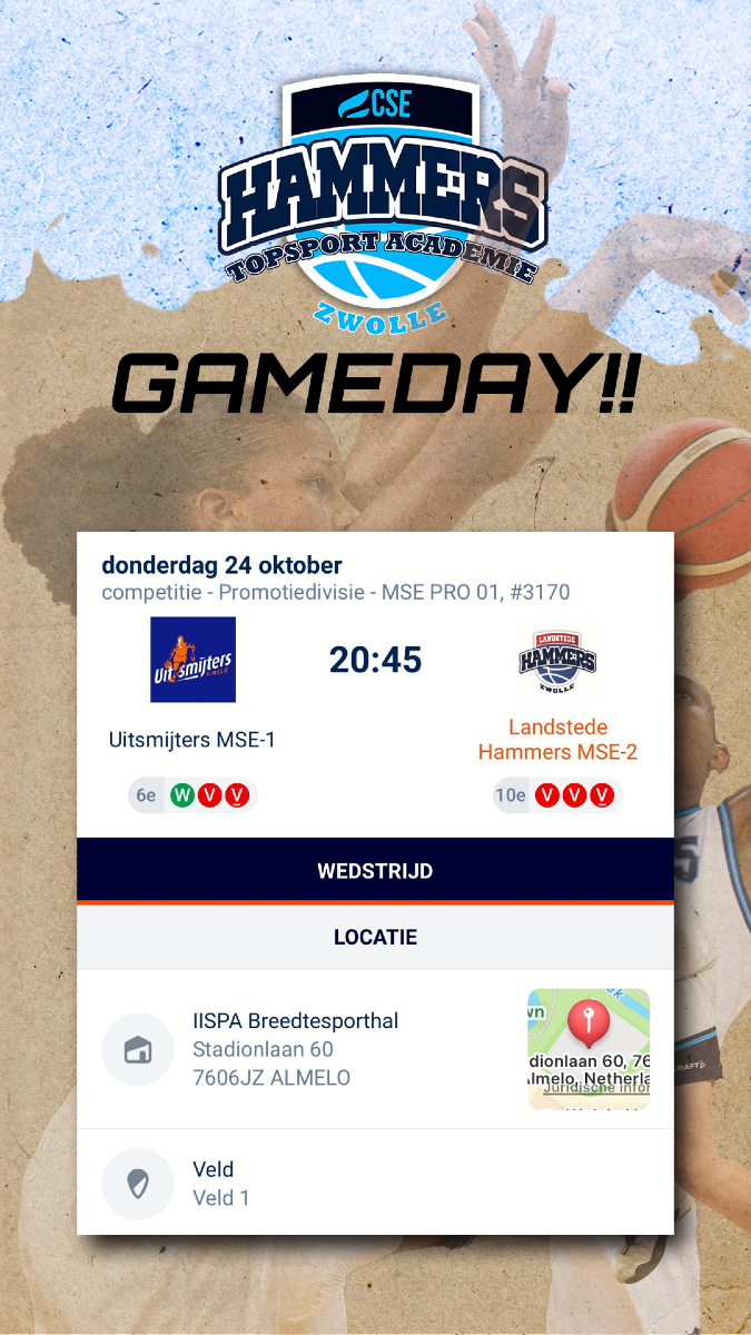 CseBasketbal's tweet photo. GAMEDAY!!!!
Onze heren van MSE2 spelen vanavond uit in Almelo tegen de Uitsmijters. Let's go boys!

#hammertime #hammersfamily #landstedehammers #cse_topsportacademie #nextgenbasketball #youthbasketball
@csetopsportacademie @LandstedeBasket https://t.co/irxgW1zJW6