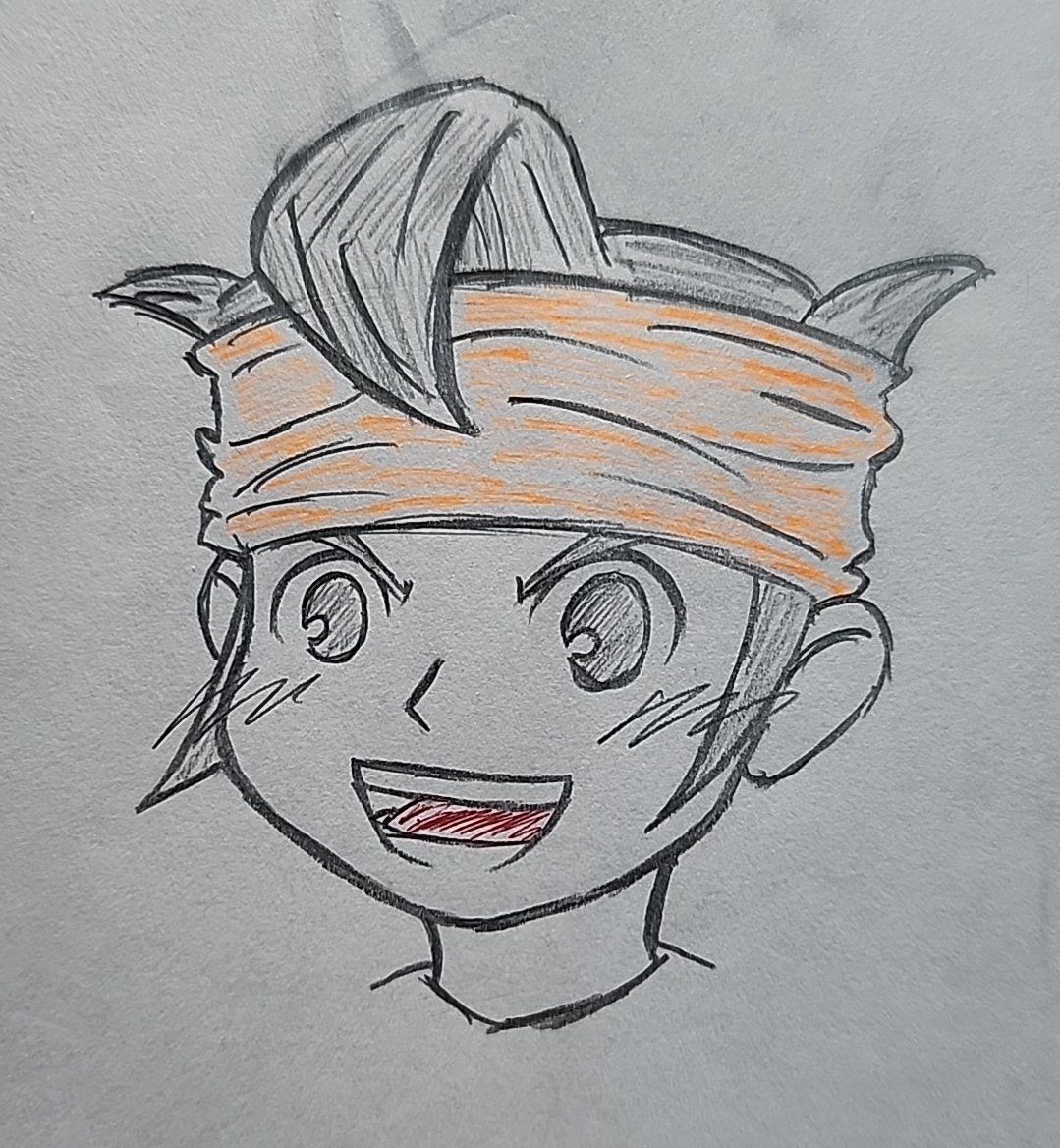 FY21487's tweet photo. ���真ブレしていたので撮り直して投稿し直します。

久しぶりのお絵描きで初描きな気がする円堂くん。アニメとかを見ながら描きました。バンダナに色つけようと蛍光ペン使ったけど、失敗だったかもです……...(lll-ω-)。赤ペンも……。
こういうのって白黒の方がいいのでしょうか？ https://t.co/hDmB0vfrNE