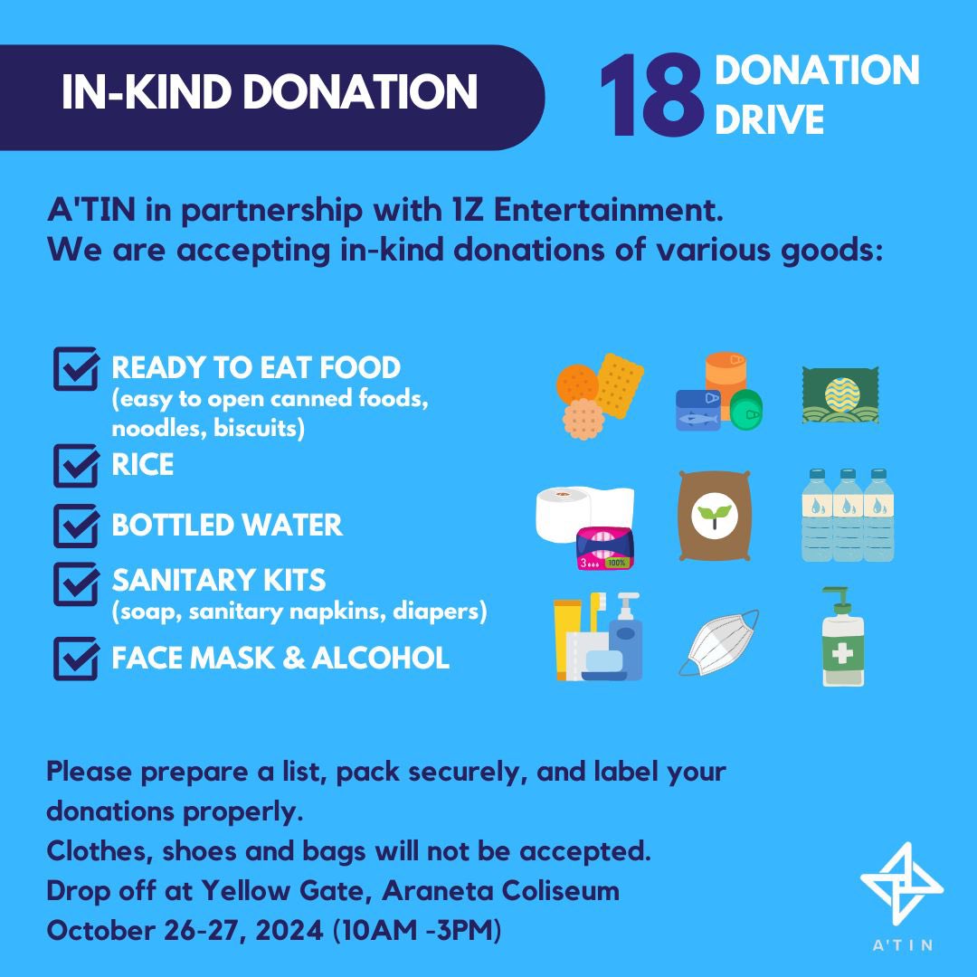 1zentertainment's tweet photo. In partnership with A’TIN, we will be at the Yellow Gate, Araneta Coliseum on Oct 26-27 (10AM to 3PM) to accept in-kind donations for #KristinePH victims.

We’re grateful for all your help. https://t.co/x1ONHY94pg