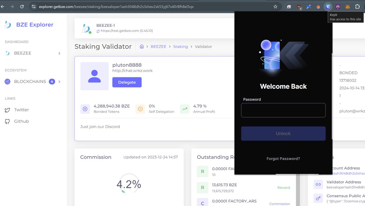 Go get some BZE and delegate it with Pluton from TipBot, Wrkz coin. 

Keplr wallet plugin works great for cosmos coins, just like metamask on evm's. 

app.getbze.com

$BZE <a href="/BZEdgeCoin/">BeeZee</a> <a href="/BotTipsTweet/">BotTipsTweet</a> <a href="/wrkzdev/">pluton</a> #StakingRewards #Cosmos