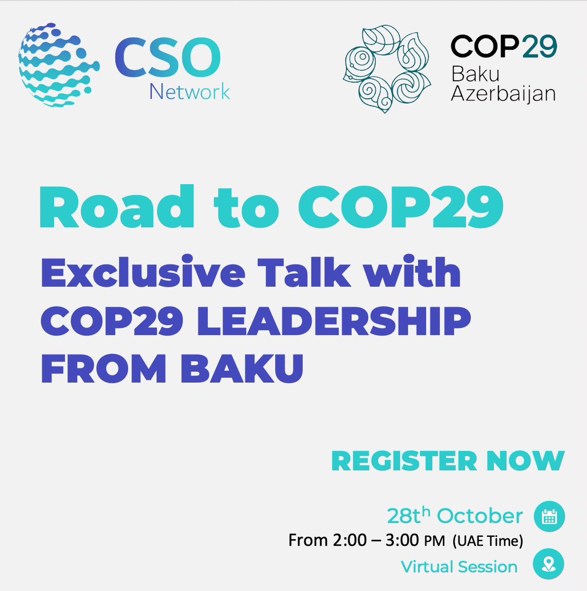 The CSO Network invites you to a special virtual COP29 leadership discussion from Baku!

🔗 Register now: lnkd.in/dHKXU9g4

📅 Monday, 28th October
⏰ 2:00 PM, UAE Time
💻 Virtual Session on Zoom

#COP29 #CSONetwork #RoadtoCOP