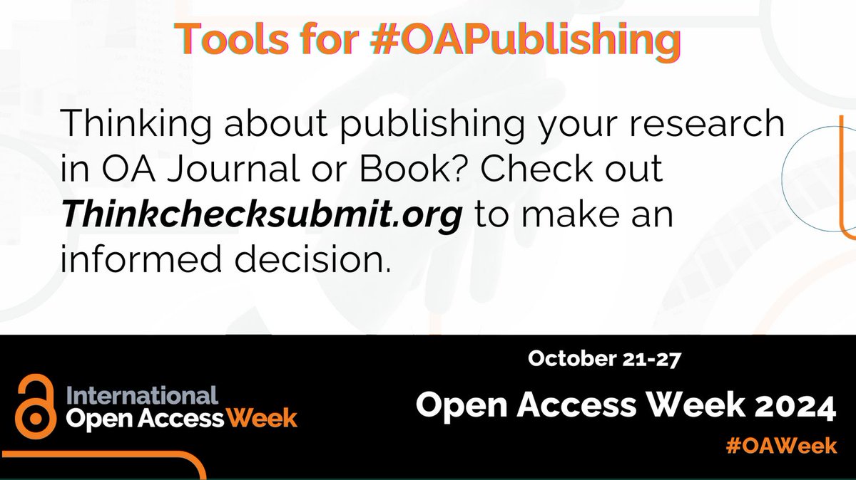 WC_Library's tweet image. Publishing in OA can increase impact and expand global access. But how do you choose the right publication? ThinkCheckSubmit.org helps researchers identify trusted journals and publishers for their research. #OAWeek #OpenAccess #ThinkCheckSubmit