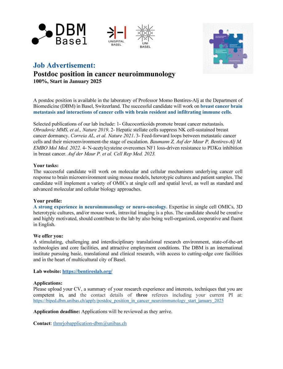 Postdoc position in cancer neuroimmunology and metastasis. Motivated to discover mechanisms of breast cancer brain metastasis and interactions of cancer cells with brain resident and infiltrating immune cells? Join us!