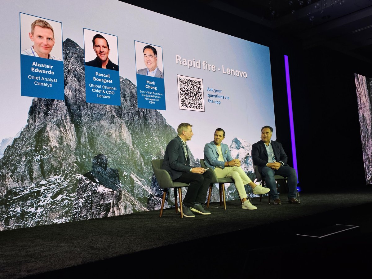 Canalys's tweet image. Vendor-partner dynamics decoded in a powerful panel discussion.  
Insightful rapid fire session at the #CanalysForums2024 with @Lenovo and @CDWCorp. 
"There must be a pleasure of winning together for ideal vendor-partner relationships" - Pascal Bourguet, #Lenovo