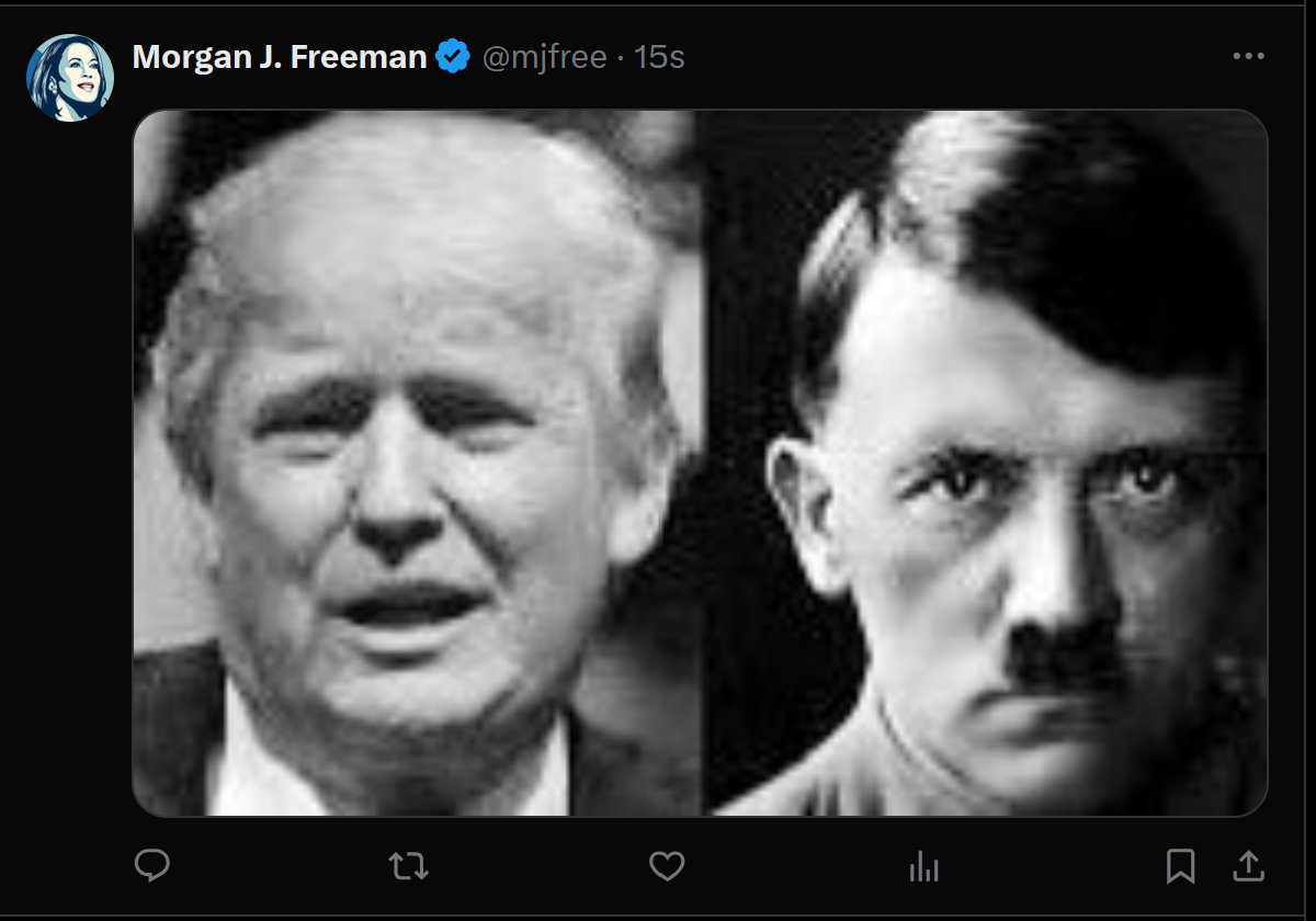 annnditsgonesol's tweet photo. Ladies and Gentlemen.

Morgan Freeman just posted this picture of Donald Trump compared to Adolf Hitler. 

He deleted it seconds after but I have captured it. 

Please everyone lets get this viral so that we can expose the hatred. 

Let's expose Morgan Freeman for who he is. Inciting Hatred and bringing shame on the families that died defending the world of Nazism.